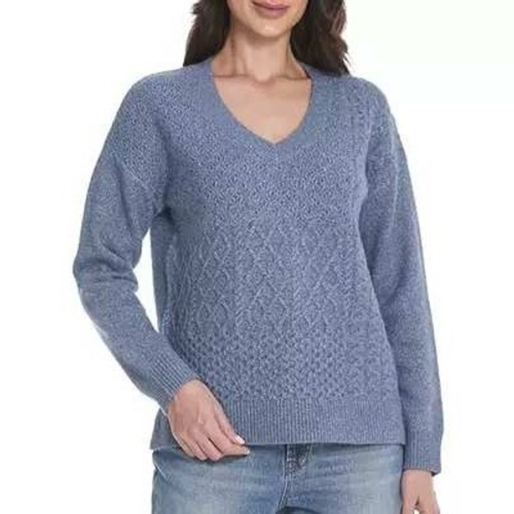 NWT Frye Women's M Blue V-Neck Cable Knit Sweater Polyester Blend